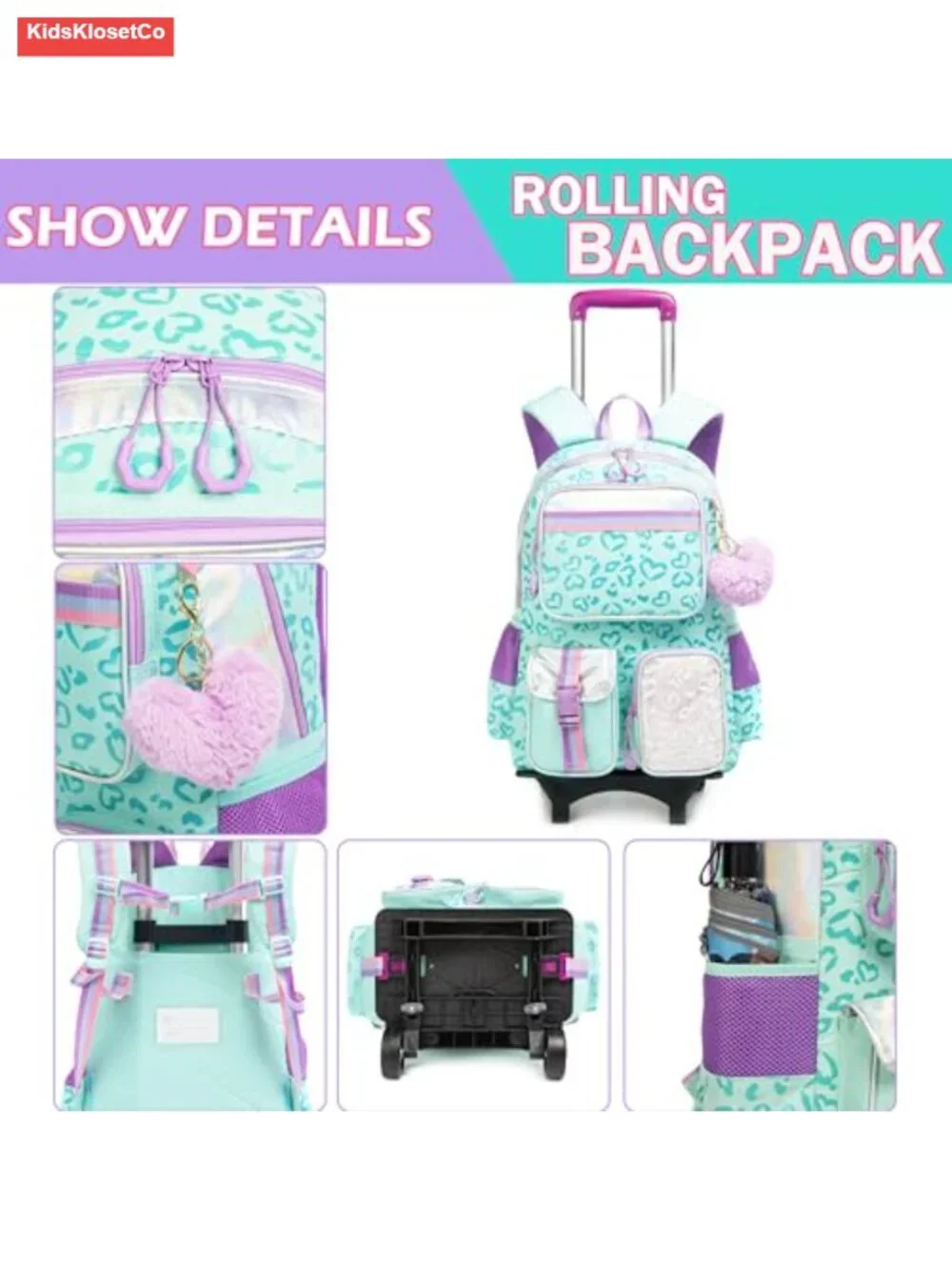Girls Rolling Backpack with Wheels - Kawaii Carry On Luggage for School, Lunch